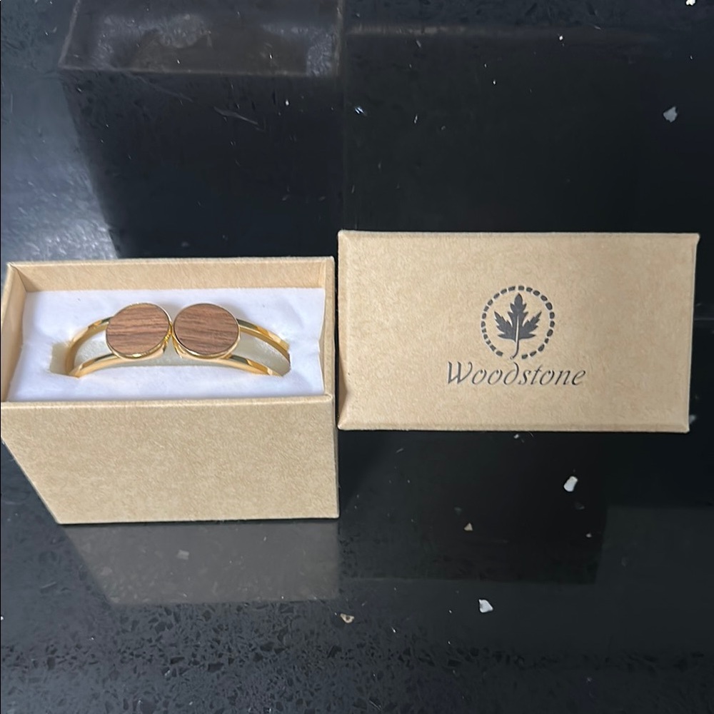 NEW IN BOX Woodstone Olivia Walnut & Gold Bangle